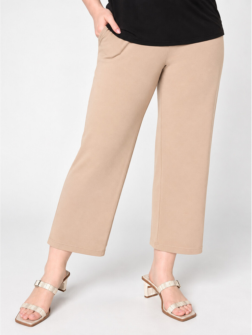 Susan Graver Essentials Regular Liquid Knit Straight Leg Crop Pants Taupe Medium